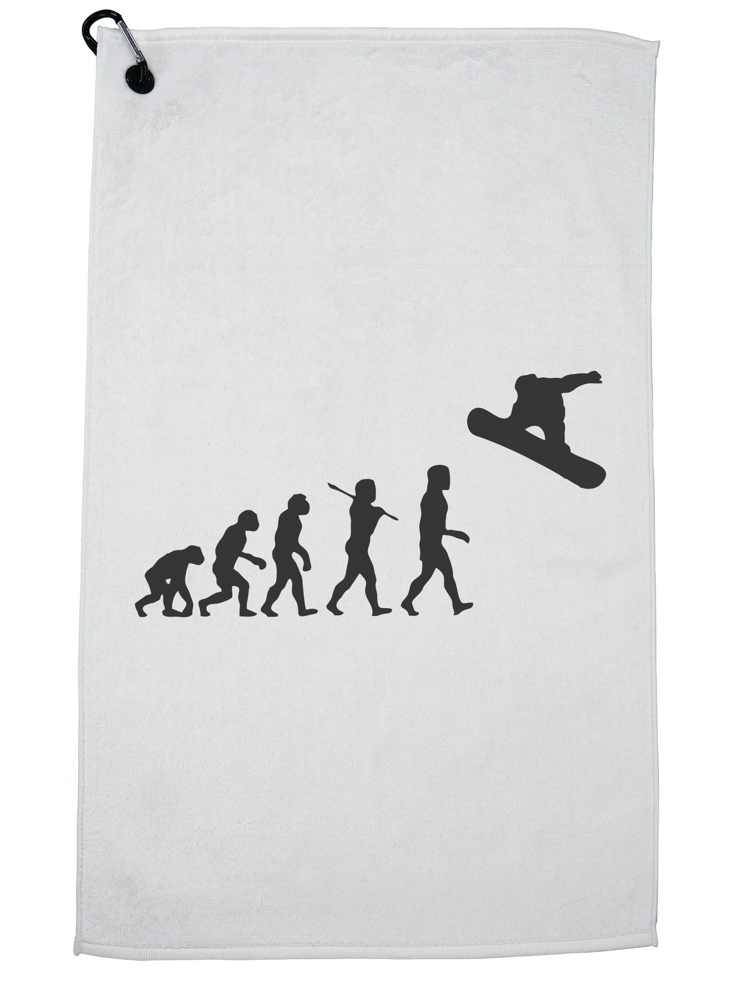 Evolution of Man Snowboarding Jumping Silhouette Golf Towel with Carabiner Clip by Hollywood Thread