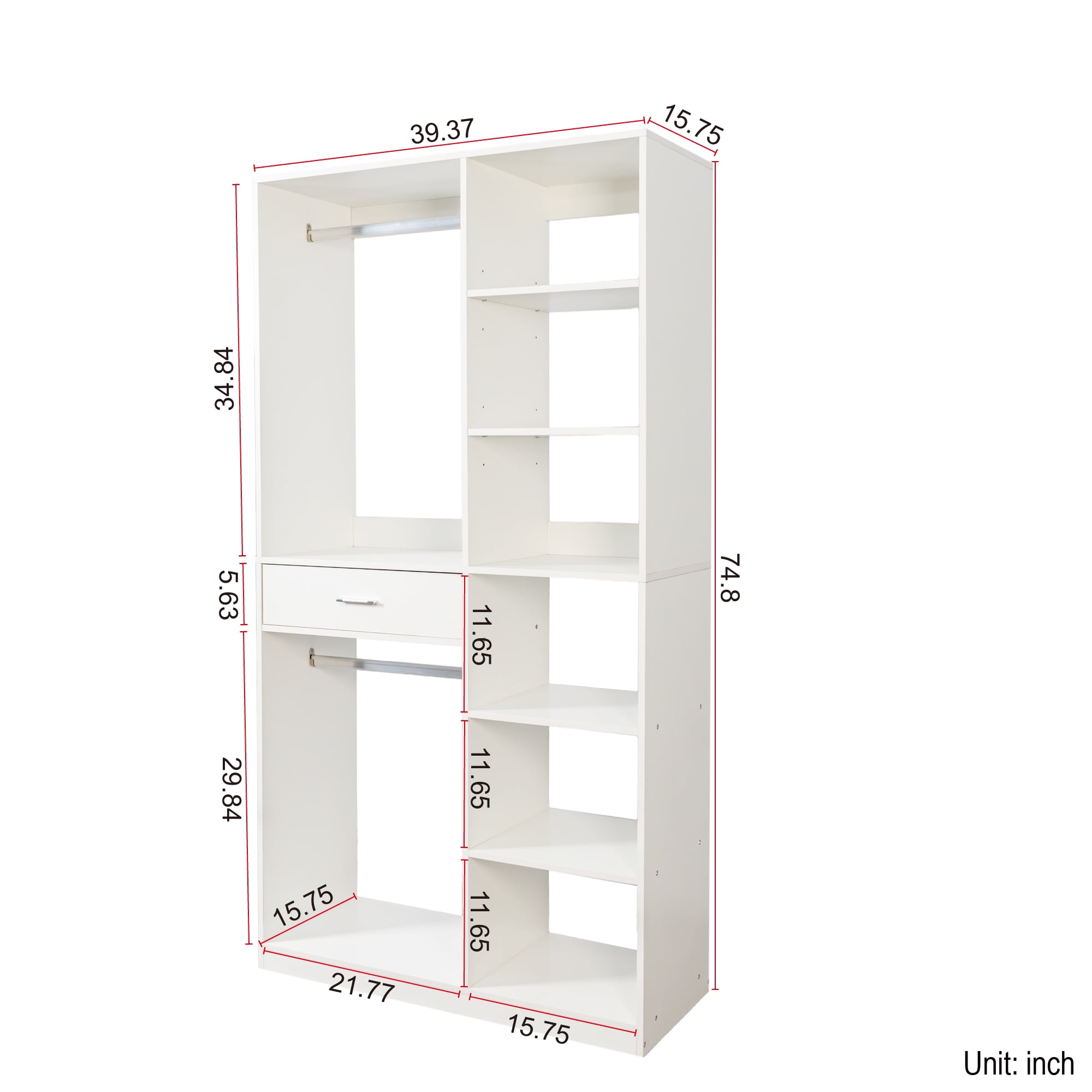 Freestanding Closet System Wardrobe with 6 Open Shelves 2 Hanging Rod 1 Drawer, White