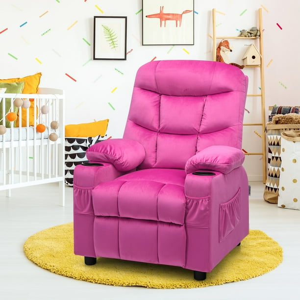 Infans Children's Velvet Fabric Bedroom Recliner Chair with Cup