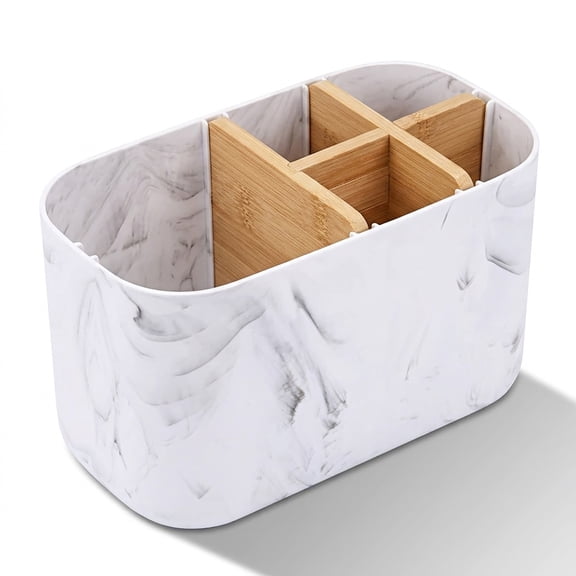 Toothbrush Holders for Bathrooms, 5 Slots Bamboo Toothbrush Holder Kids Electric Toothbrush Holder and Toothpaste Holder for Bathroom Countertop Accessories Storage, Marble Toothbrush Organizer