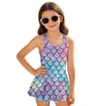 thumbnail image 4 of COEQINE Girls Tank Neck One Piece Swimsuit, V-Back Wide Strap Bathing Suit with Skirt for Kids 3-4 Years, Hawaiian Beach Swim Wear Dress Up for Girls, Bubble Mermaid Scales, 4 of 8