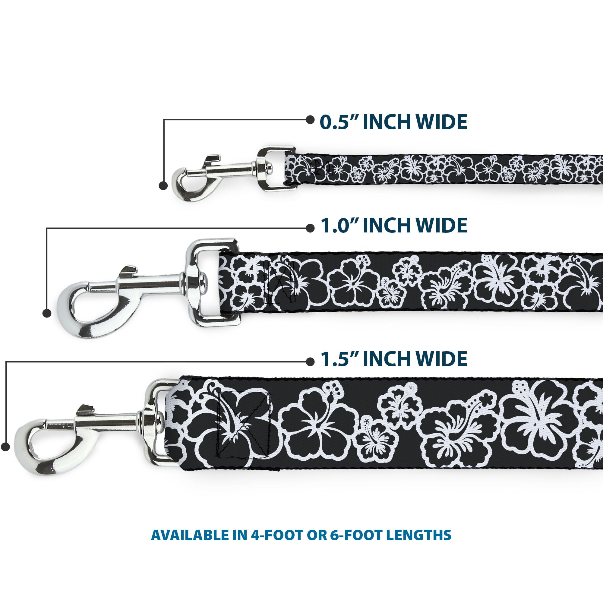 Buckle-Down Pet Leash, Dog Leash, Hibiscus Outline Black White, 6 Feet Long 1.0 Inch Wide