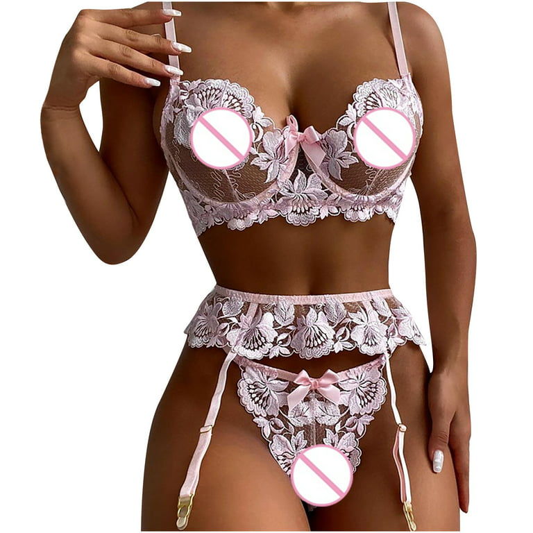 Fashion Women's Underwear Pink Lace Embroidery Lingerie Set Sexy