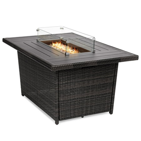 Best Choice Products 52-inch 50,000 BTU Outdoor Wicker Patio Propane Gas Fire Pit Table with Aluminum Tabletop, Glass Wind Guard, Clear Glass Rocks, Cover, Slide Out Tank Holder, and Lid, (Best Place To Store Propane Tank)