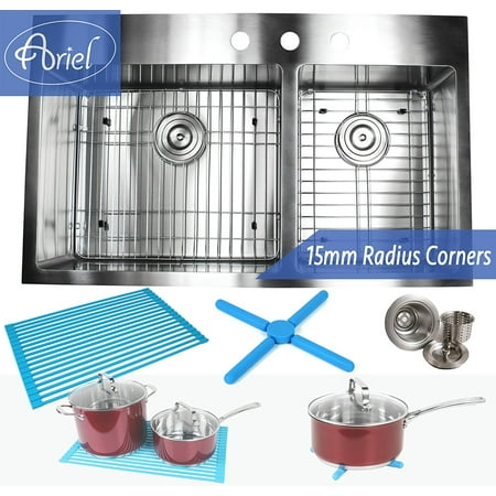 33 Inch Drop In Topmount Stainless Steel Kitchen Sink Package by Ariel â 16 Gauge Double 60/40 Bowl Basin w/ 9 Gauge Deck - Complete Sink Pack + Bonus Accessories - Ideal For Home Renovation