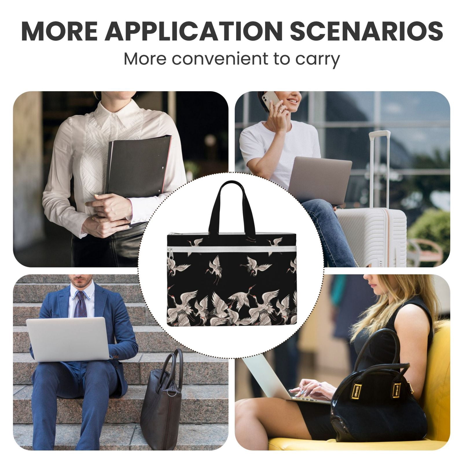Kdxio Japanese White Crane File Tote Document Bag Business Briefcase Bag Document Organizer Tote Briefcase for Letter A4 Files Business Teacher Office Bag