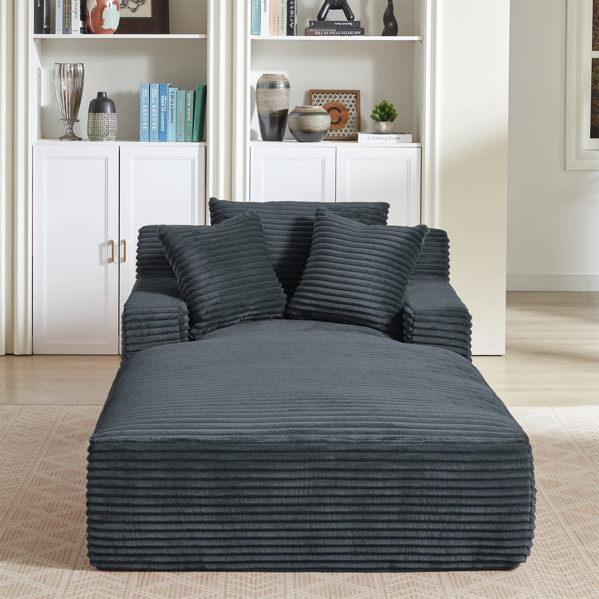 Aukfa Chaise Lounge Oversized Indoor Chair Boneless Couch for Living Room, 3Pillows, Gray