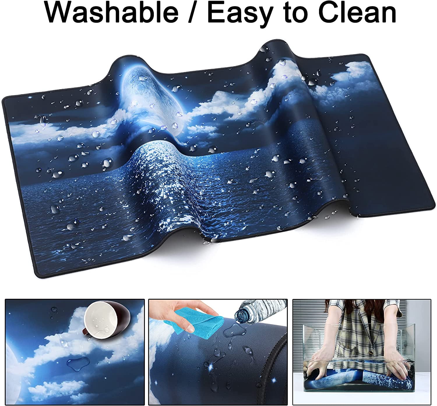 Desk Mat,Large Mouse Pad 35''''×15.6''''×0.12'''' XXL Extended Gaming Mouse Pad Mat with Non-Slip Base Stitched Eges Mousepad for Computer,Office,Keyboard and Laptop - Moon Ocean