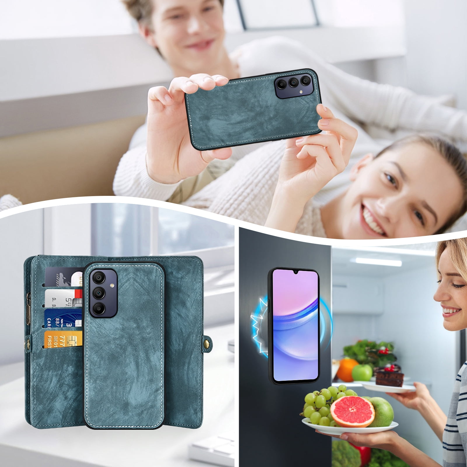 Asuwish Compatible with Samsung Galaxy A15 5G/4G Phone Case Zipper Wallet Detachable Tempered Glass Screen Protector Crossbody Lanyard Strap Flip Card Holder Cell Cover for A 15 G5 15A Women Men Blue