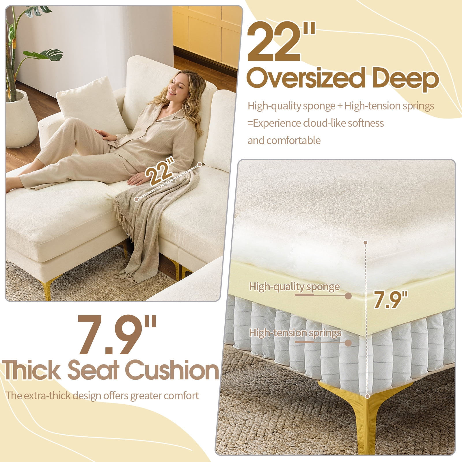 Ktaxon U-Shaped Sofa with 2 Removeable Ottoman Footrests, Flannel Deep Seating Couch for 3, Converts to Sleeper for Bedroom Living Room Furniture Beige