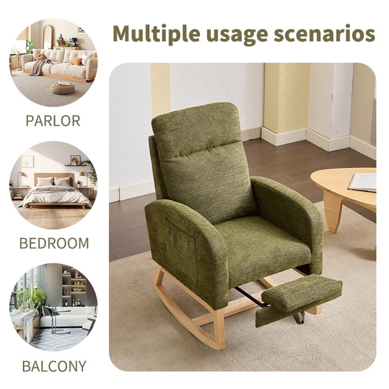 Comfortable Nursery Rocking Chair with Solid Wood Legs & Side Pocket, High Backrest Glider for Parent & Baby, Durable Lounge Chair for Living Room Relaxation