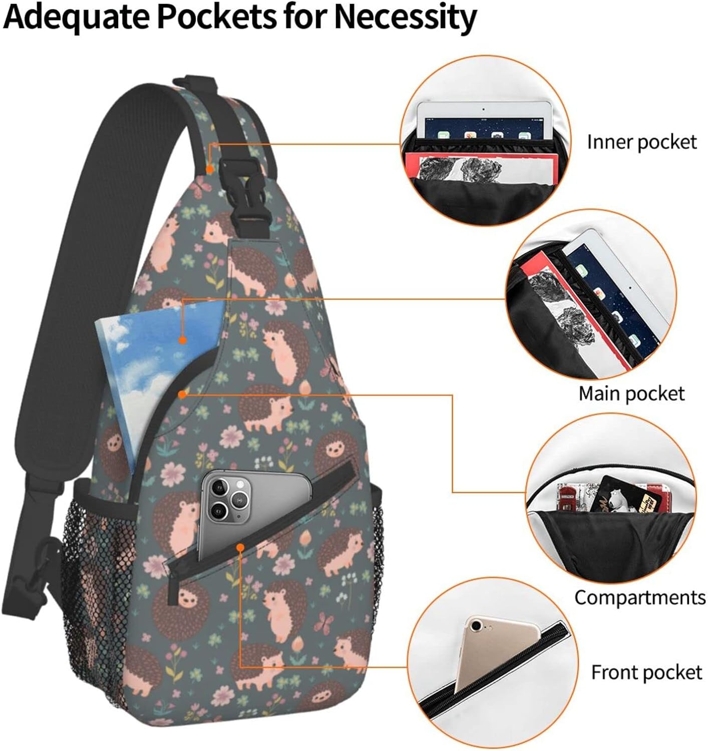 Cute Hedgehog and Flowers Pattern Sling Bag Crossbody Hiking Travel Chest Bags Backpack Shoulder Daypack for Women Men