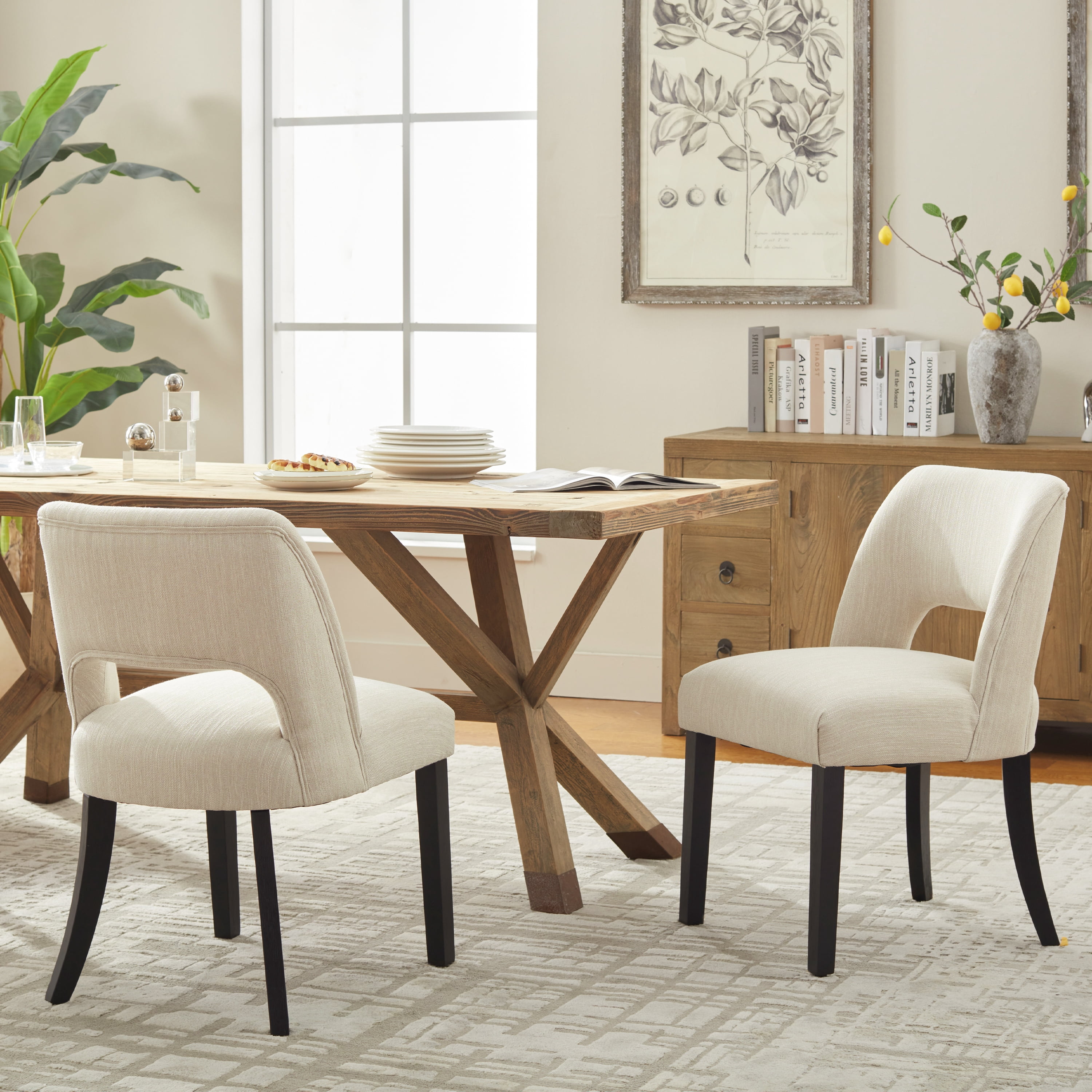 Vknow Furniture Wooden Dining Chairs Set of 2, Modern Fabric Upholstered Dining Room Chair Kitchen Chairs, Farmhouse Dinner Chair for Kitchen Dining Room, Beige