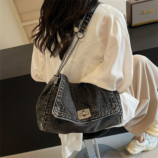 Bolsos de hombro de mezclilla, bolso de mezclilla para mujer, bolso de mano de mezclilla, bolso de mano de gran capacidad, moderno, con correa de cadena