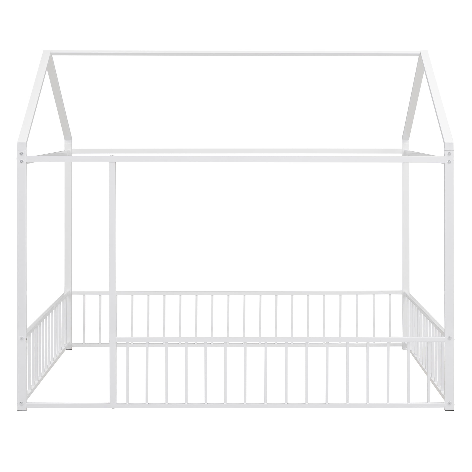 Full Size Montessori Floor Bed, Metal House Bed Frame for Kids, Kids Floor Beds with Fence Guardrails, Playhouse Bed for Kids Boys Girls