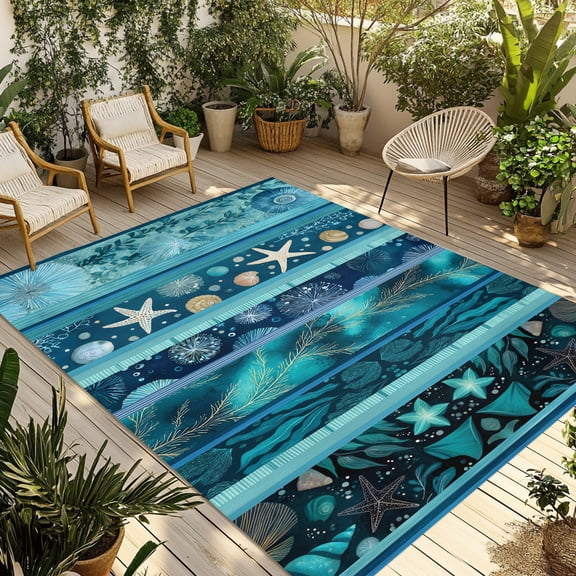 Oceans Coastal Outdoor Area Rug 4x6ft Decorative Indoor Outdoor Rug Summer Shells Starfish Corals Blue Patio Area Rug for Porch, Deck, Balcony, Entryway, Camping & RV