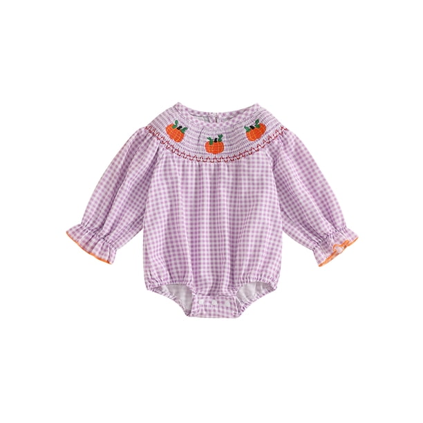Pelele de bebé niña de manga larga con cuello redondo y bordado de calabaza. Conjunto para niña pequeña.