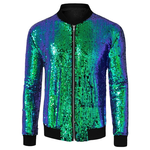 Chaqueta universitaria para hombre, fiesta de Halloween, disco, brillante, brillante, lentejuelas, chaqueta de bombardero Verde L