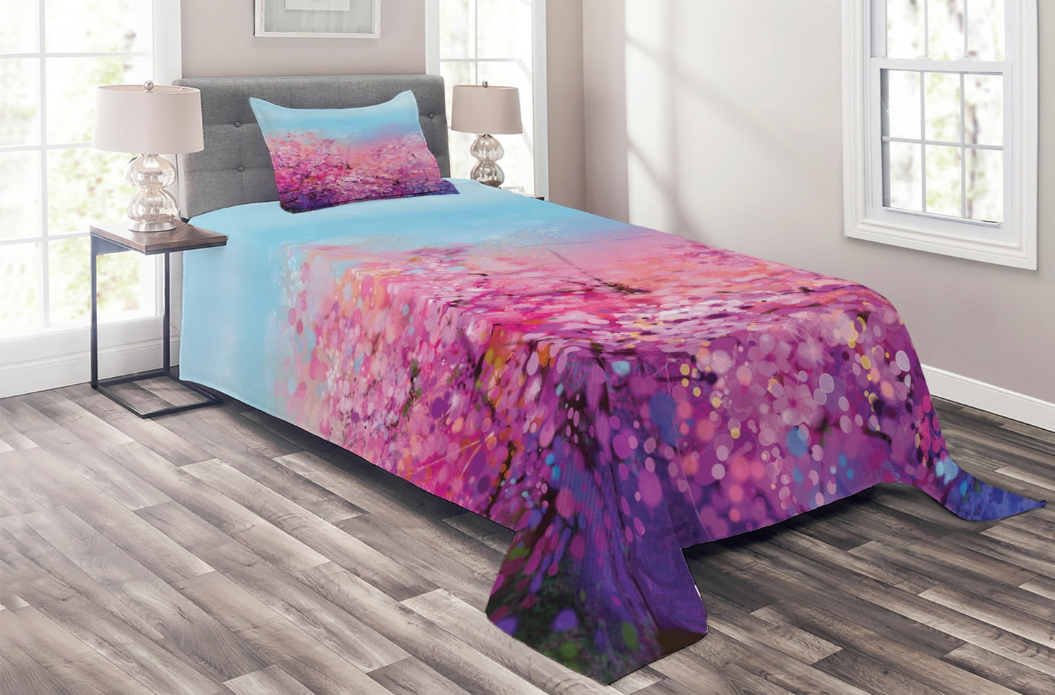 Flower Coverlet Set Twin Size, Sakura Blossom Floral Beauty with Sky