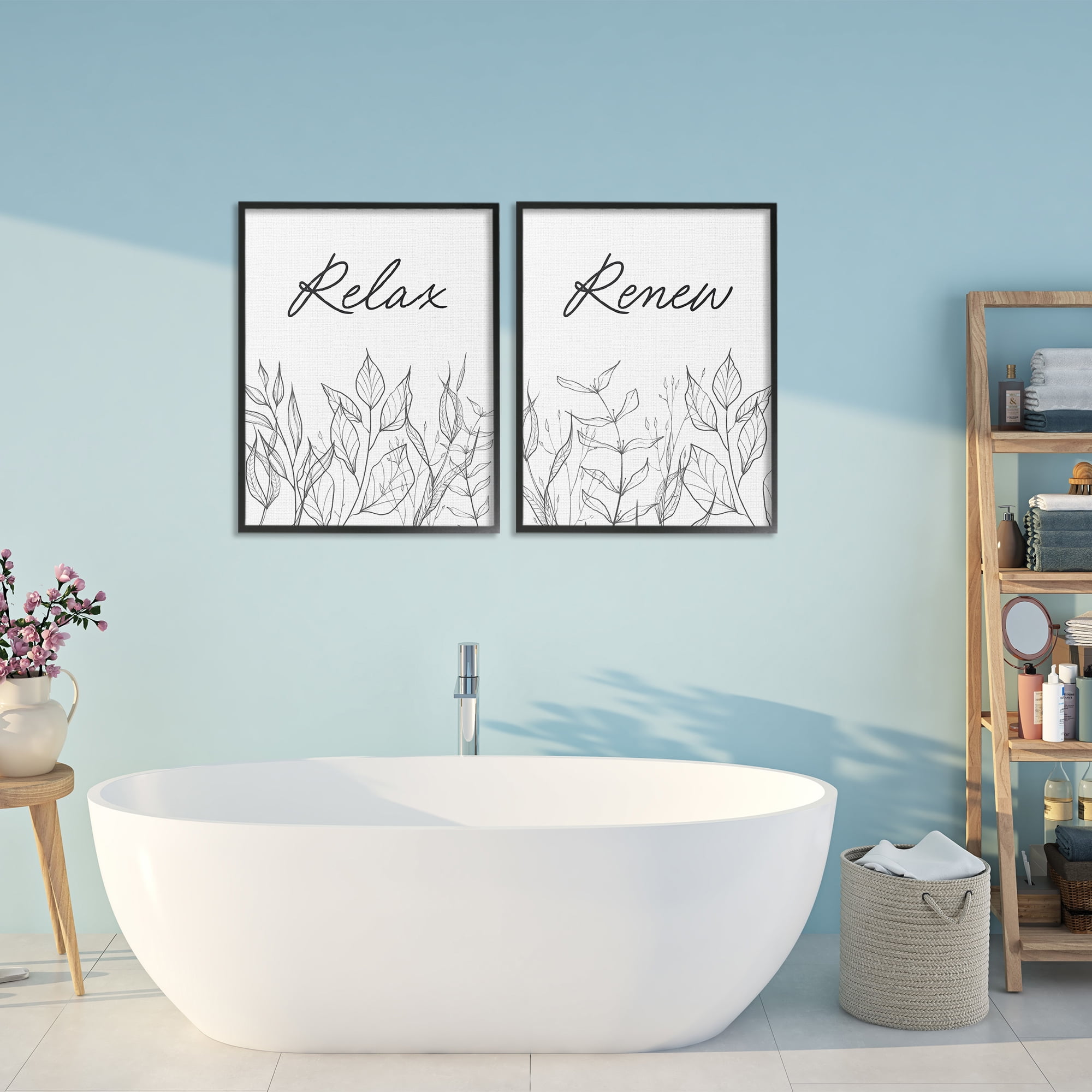Relax and Renew Leaf Outlines 2 Piece Black Framed Giclee Art Set, design by Lettered and Lined