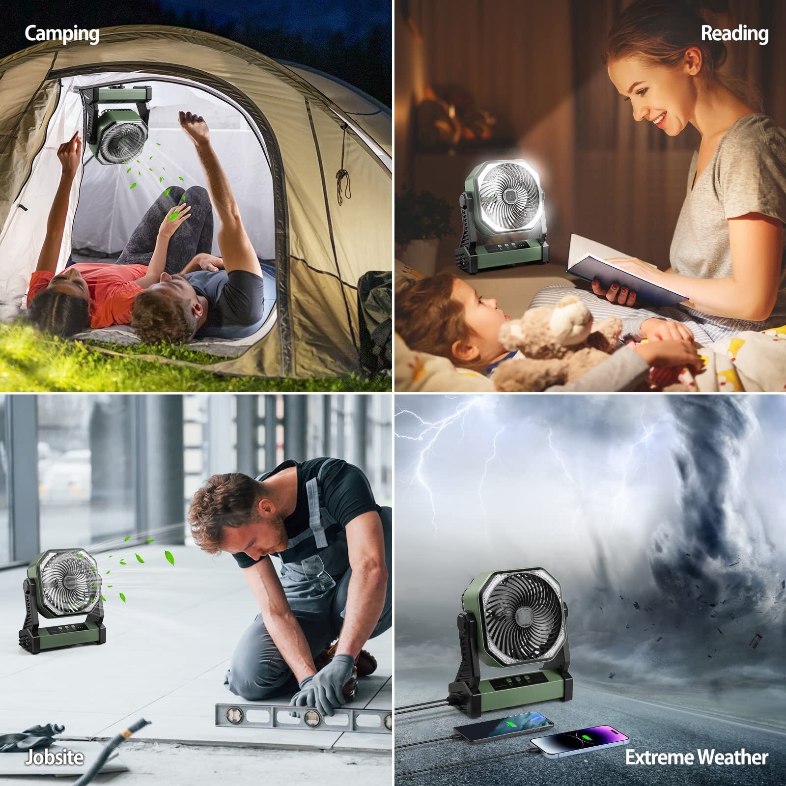 20000mAh Battery Powered Fan, Portable Rechargeable Desktop/Camping Fan with Light and Hook, 270° Rotation 4 Speed ​​Battery Powered Outdoor Fan for Tent, Car Travel, Sleeping, Hurricane,