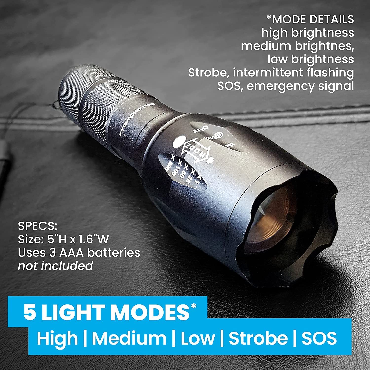 Taclight Tac Flashlight with 5 Modes Zoom 40X Brighter High Lumens Weather Proof Flashlight As Seen on TV - image 4 of 10
