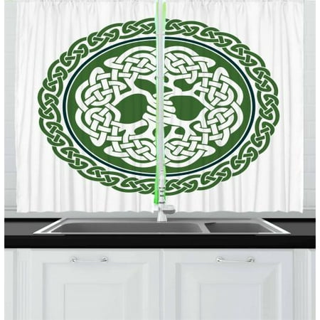 Dark Teal Curtain Panels Celtic Curtains 2 Panels Set, Illustration of Celtic Tree of Life on a Green Circle with Frieze, Window Drapes for Living Room Bedroom, 55W X 39L Inches, White Dark Teal Fern Green, by Ambesonne ()