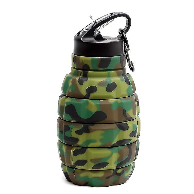 Nueva botella de agua plegable con forma de granada, botella de agua para montar de silicona de calidad alimentaria con mosquetón, juego de agua potable, camuflaje verde militar, 5
