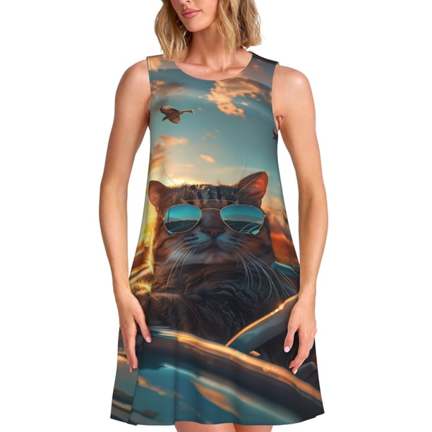 Disketp Cool Cat Driving Sunset para Vestido sin Mangas para Mujeres, Vestidos de Verano para Mujeres, Casual y Holgado para la Playa