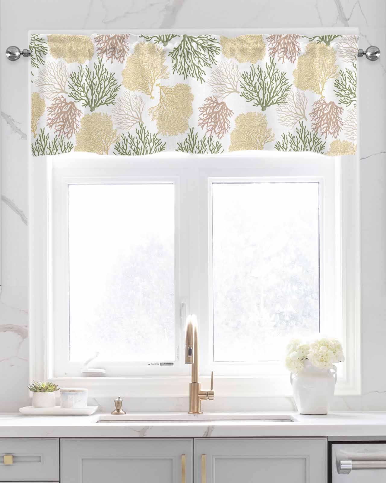 Sage Green Coastal Kitchen Valances for Windows Farmhouse Linen Window Valance Curtain for Living Room Window Treatment Coral Ocean Marine Modern Sea Valance Rod Pocket Topper Drape, 54 x 18 Inch