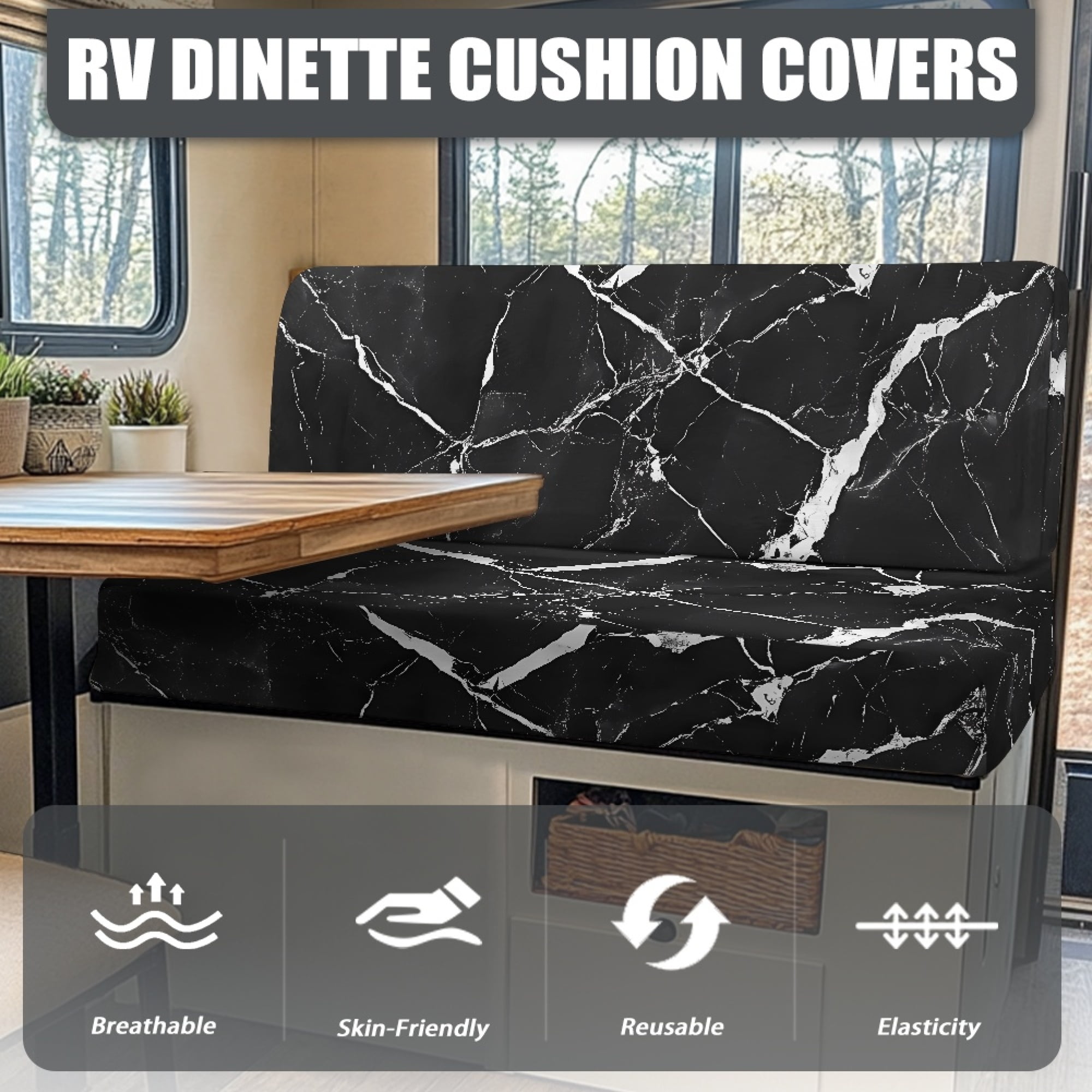 Yuyamidu Black Marble Print RV Dinette Cushion Covers Stretch RV Couch Cover Replacement for RV Camper Car Bench 1 Backrest Covers and 1 Bench Covers