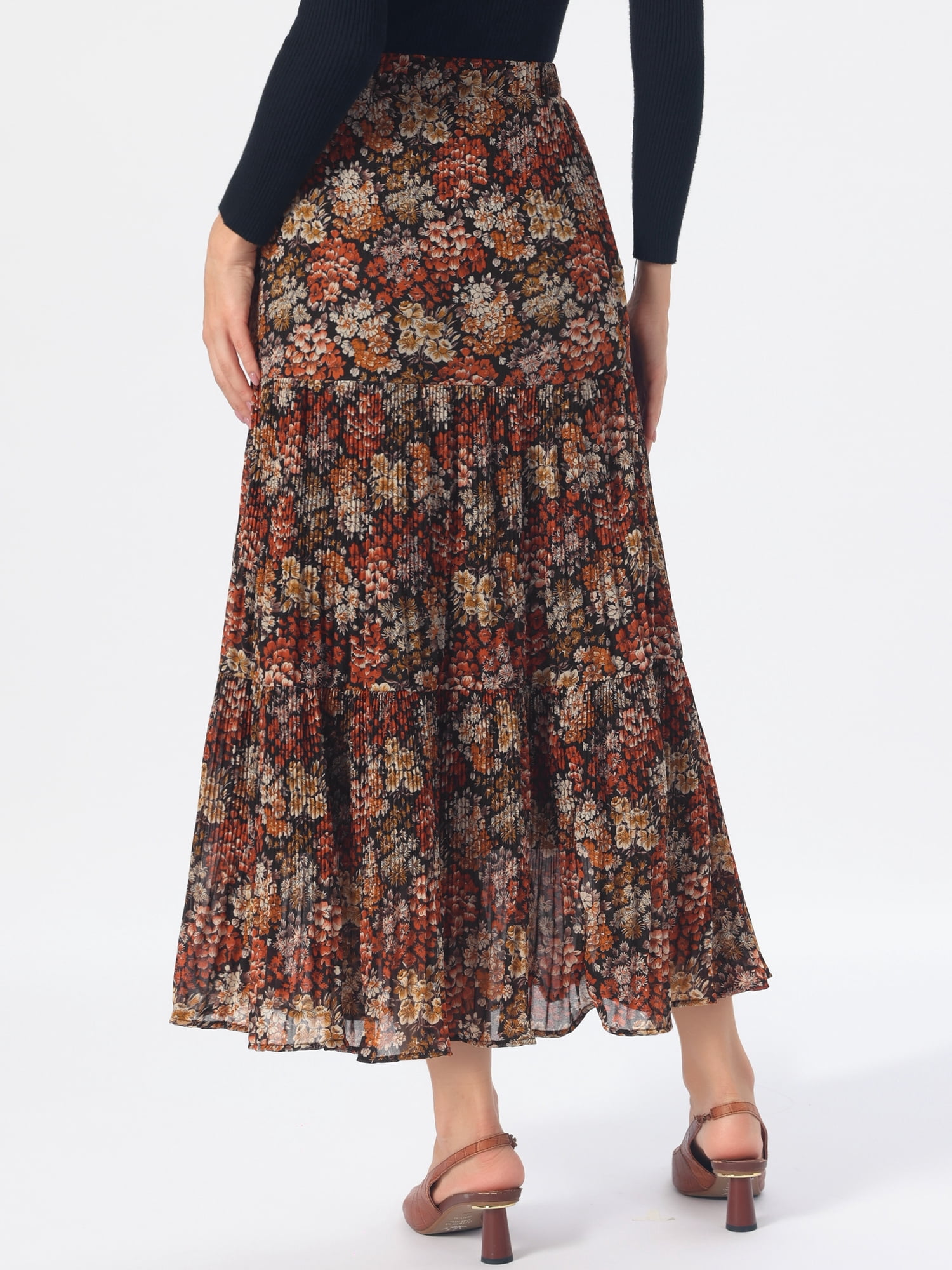 DARING DIVA Women's Chiffon Floral High Waist Pleated Maxi Skirt XS Black