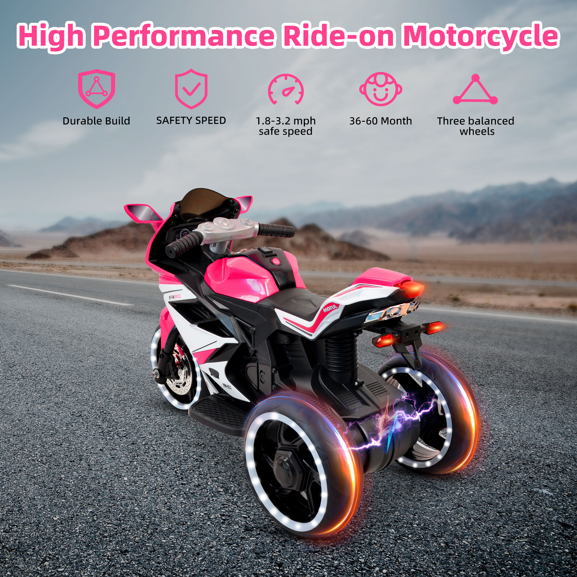 Tamco 6V Kids Ride on Motorcycle, Battery Power Ride on Motorcycle Toy with Music Play, Bluetooth, LED Light, 3 Wheels Electric Motorcycle for Boys & Girls 3-5 Yrs Toddlers, Pink