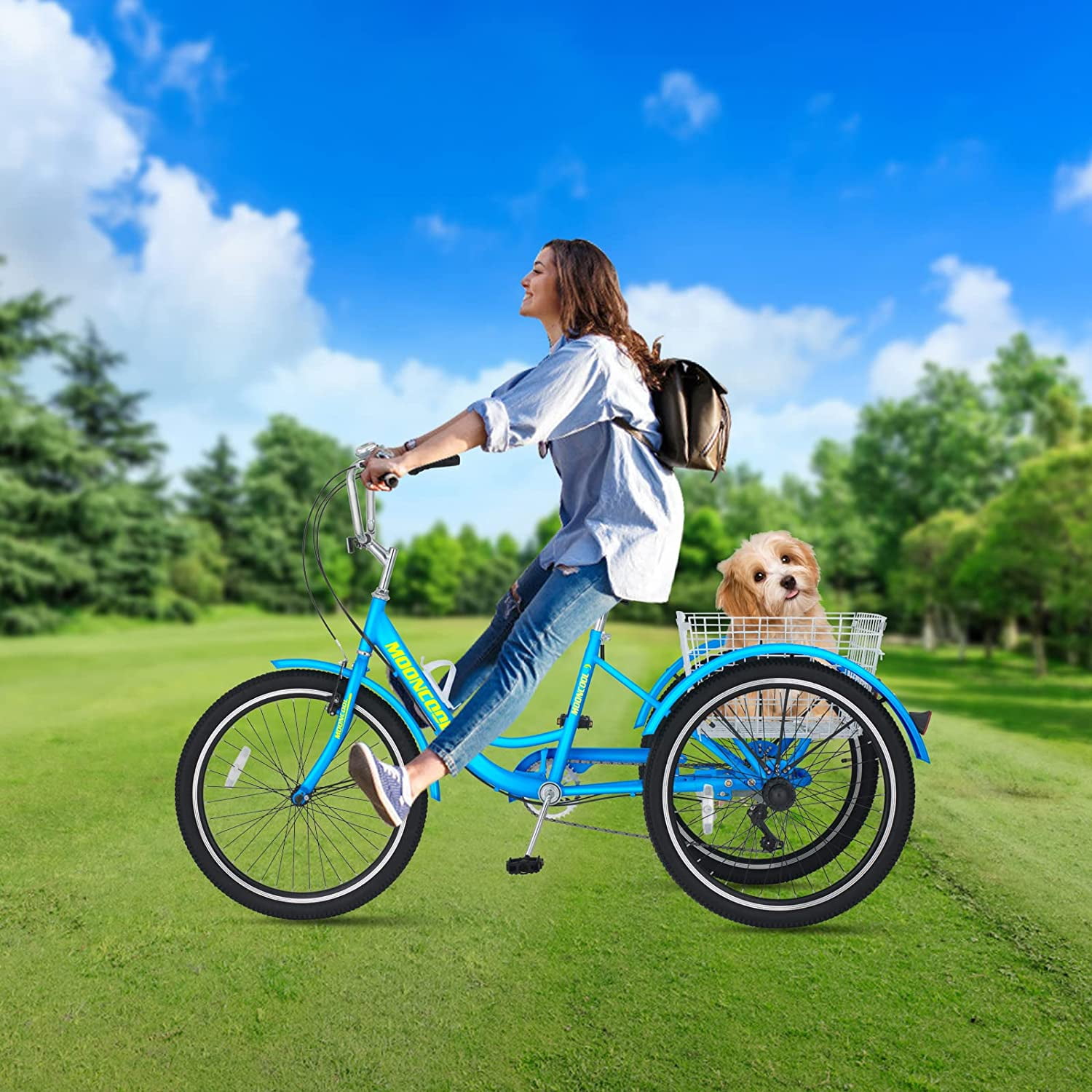 26" Adult Women Mountain Tricycle 7-Speed 3 Wheels MTB Trike Cyan with Basket 