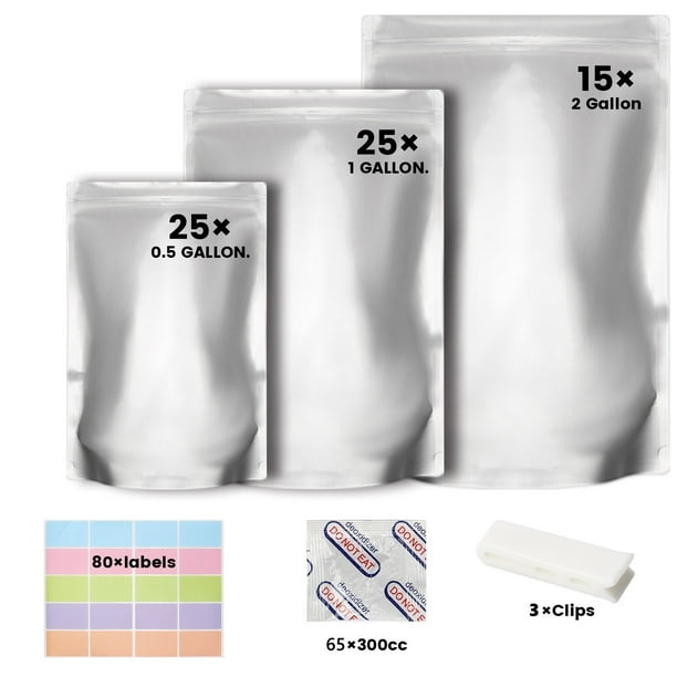 65 Pack Mylar Bags for Food Storage with Oxygen Absorbers 300cc and Lables, Large Mylar Bags 2