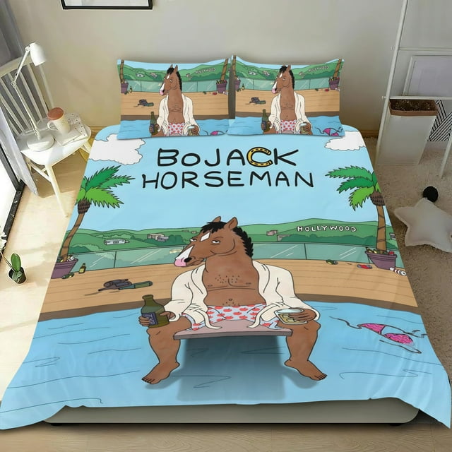 BoJack Horseman Conjunto de sábanas temático, trío de piezas, cómodo y amigable con la piel, diseño único, regalo de decoración para el hogar para familiares, amigos y fans, 90 cm * 190 cm