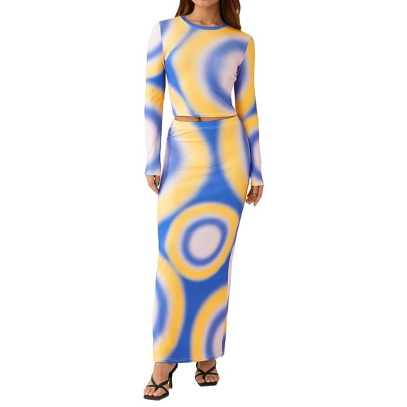 Franhais Women Fashion Clothes,Tie-dye Printed Crew Neck Long Sleeve Tops + High Waist Long Skirt
