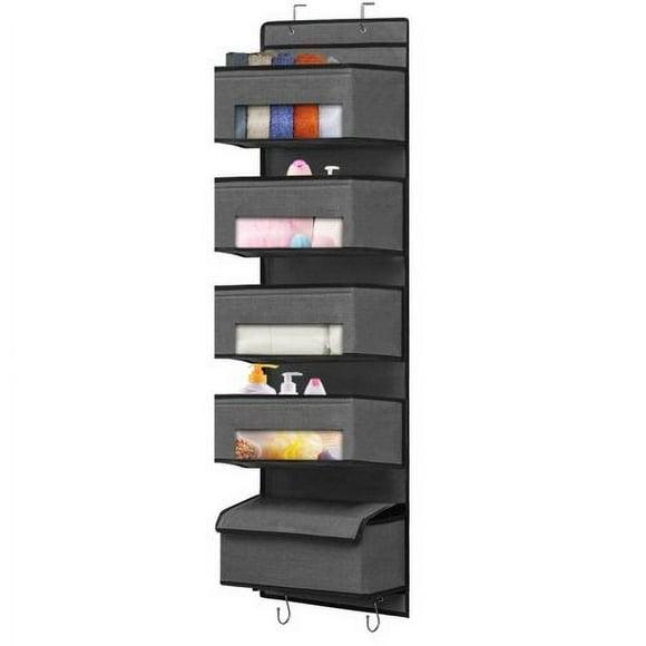 DAMAHOME Organisateur Suspendu sur Porte - Rangement de Porte de Placard 5 Grandes Poches Organisateur de Porte Suspendu Fenêtre Transparente 4 Crochets en Métal pour Chambre de Bébé Garde-Manger Salle de Bain Gris