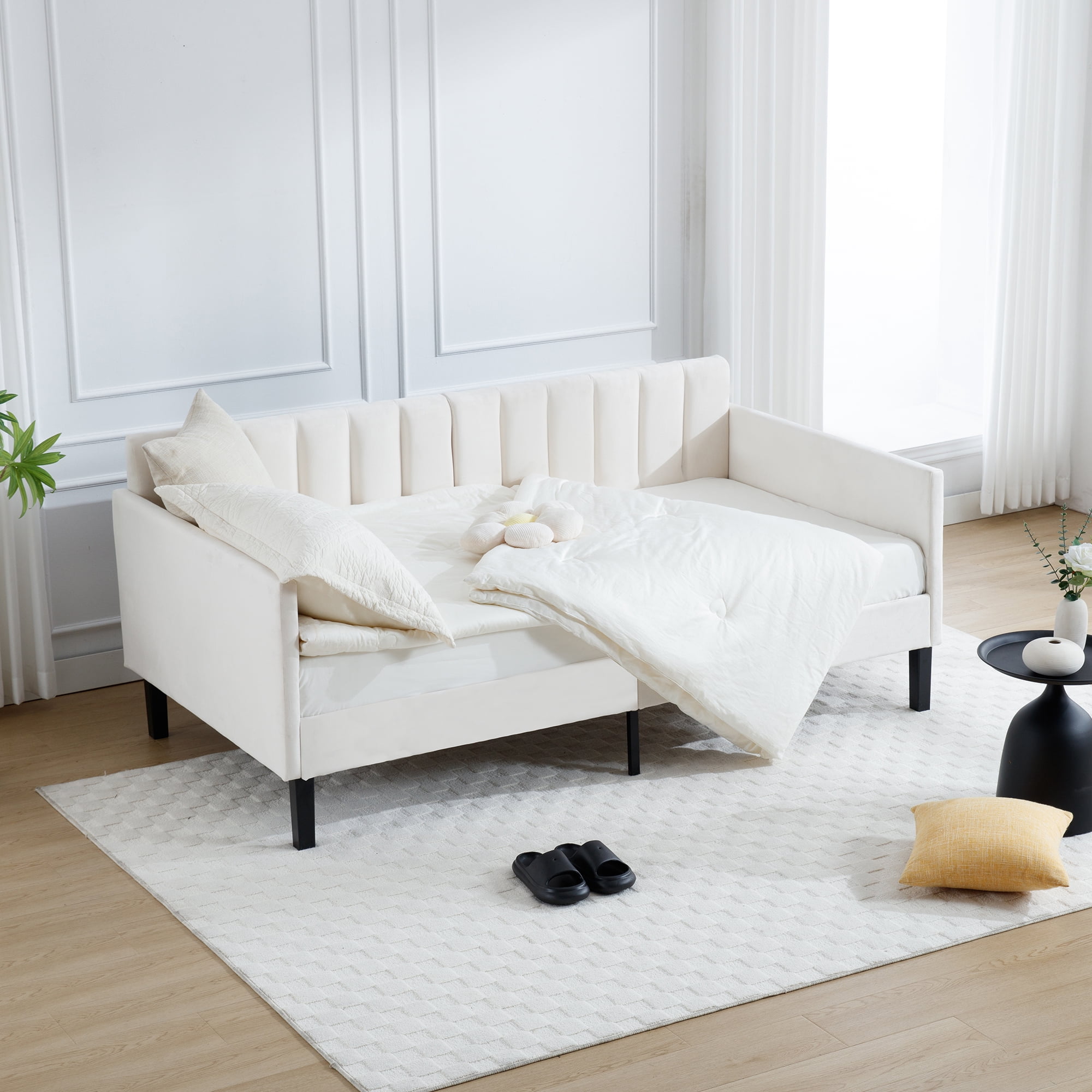Miniyam Twin Size Beige Upholstered Daybed for Bedroom Living Room,Twin Daybed Frame with Wood Slat Support,No Spring Box Need