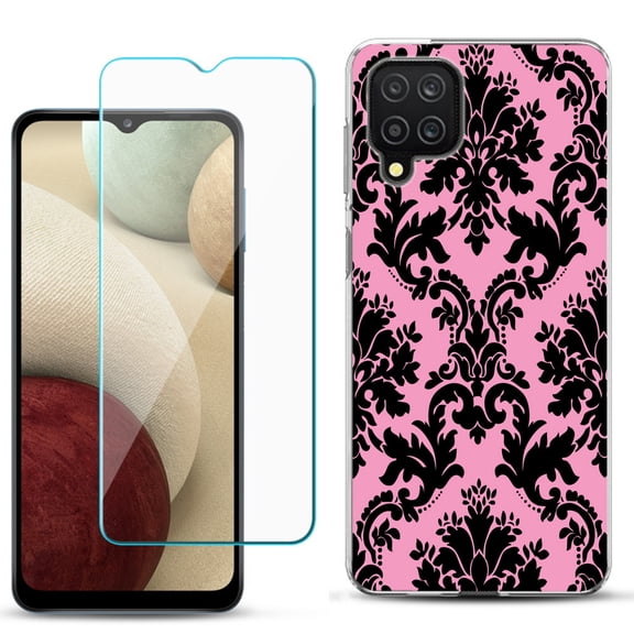 Slim-Fit Shockproof Phone Case compatible with Samsung Galaxy A12, with Tempered Glass Screen Protector, by OneToughShield ® - Victorian Pink/Black