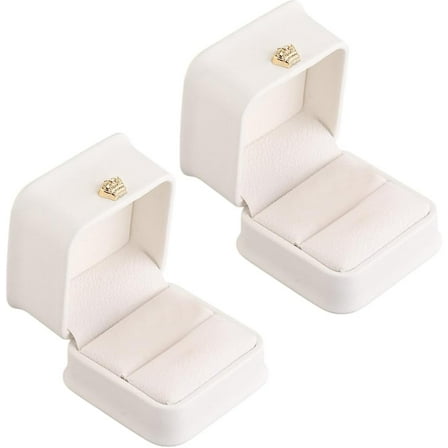 1set CALFOVERA 2pcs PU Leather Ring Gift boxes with Golden Iron Crown and Velvet Inside for Wedding Jewelry Storage Case White 5.85x5.8x4.9cm
