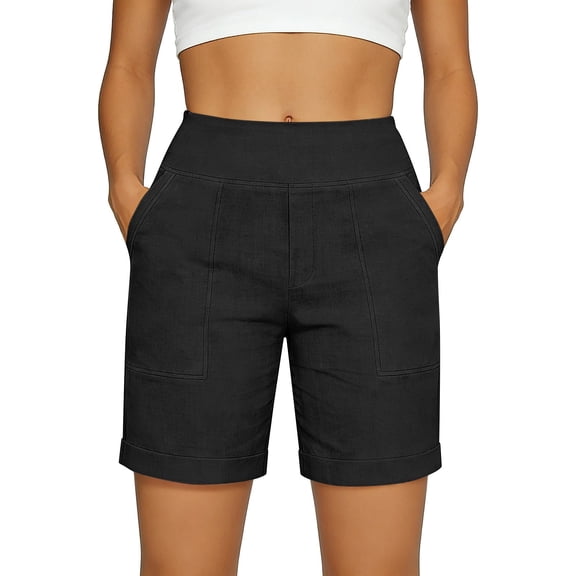 LIIPEE Womens Shorts Casual Solid Color Mid Elastic Waist Hybrid Ladies Pull-On Regular Summer Breathable Comfortable Soft Fashion Daily Shorts With Pockets,L