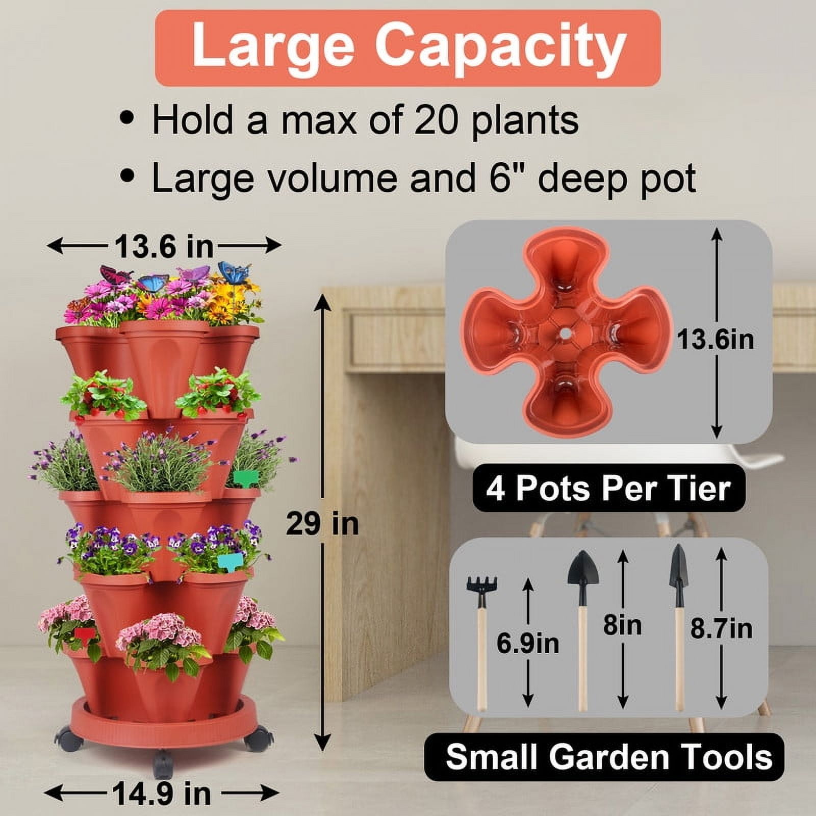 2 Pack of 5 Tier Stackable Planter Vertical Garden With Various Accessories for Vegetables, Flowers, Herbs, Succulents, Microgreen Gardening - Red