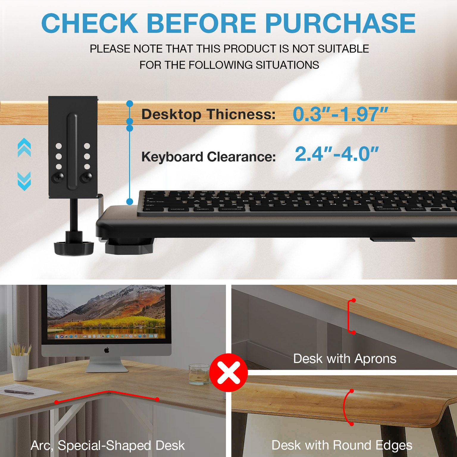 TAVR Furniture Adjustable Keyboard Tray Under Desk Pull Out with C-Clamp, 20x13 inch Keyboard & Mouse Tray, Black
