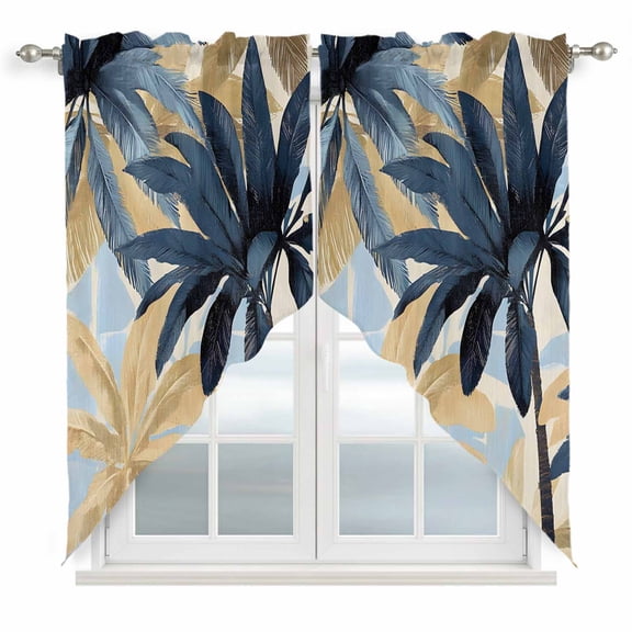 Navy Blue Palm Trees Kitchen Window Curtains, Swag Curtains Valance for Bedroom Living Room Bathroom, Vintage Summer Botanical Watercolor Rod Pocket Window Curtain Block Drapes 2 Panels 36"x63"