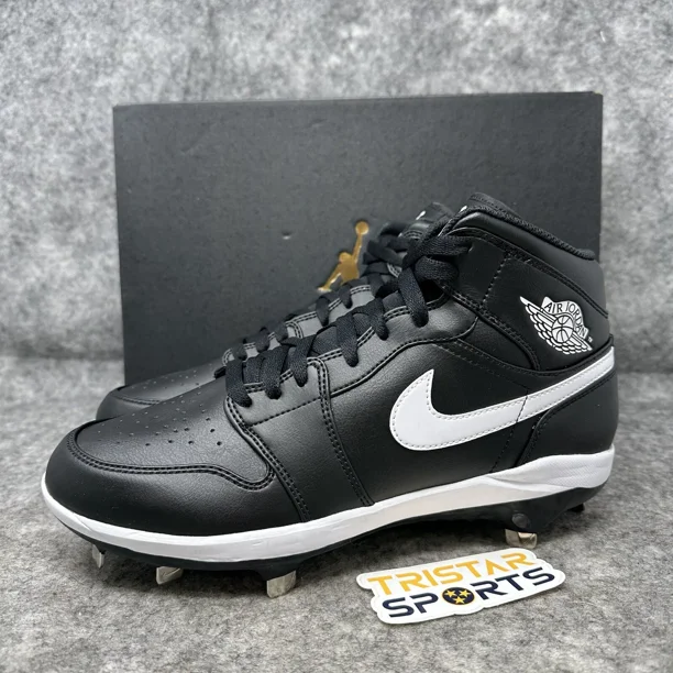 N I-K-E A i r-Jor-dan 1 Mid Metal Baseball Cleats Mens Sz 9.5 Black White AV5355-001