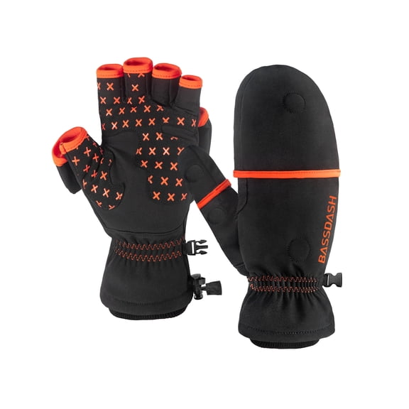 BASSDASH WinteFlex Insulated Convertible Mittens Fingerless Gloves Water Resistant for Men Women Cold Weather Fishing Hiking