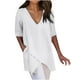 thumbnail image 2 of Fnochy - Camisetas de verano para mujer, de algodón, de color liso, informales, de cuello redondo, manga 3/4, holgadas, básicas y bonitas, 2 of 7