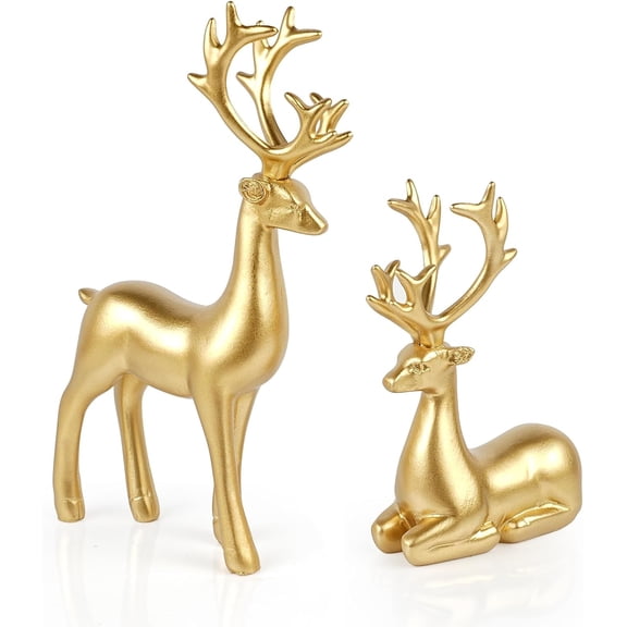 2 Pack Christmas Reindeer Figurines Deer Statues Elk Sculpture Deer Ornaments for Living Figurine Statues TV Cabinet Home Office Christmas Decoration (Golden)