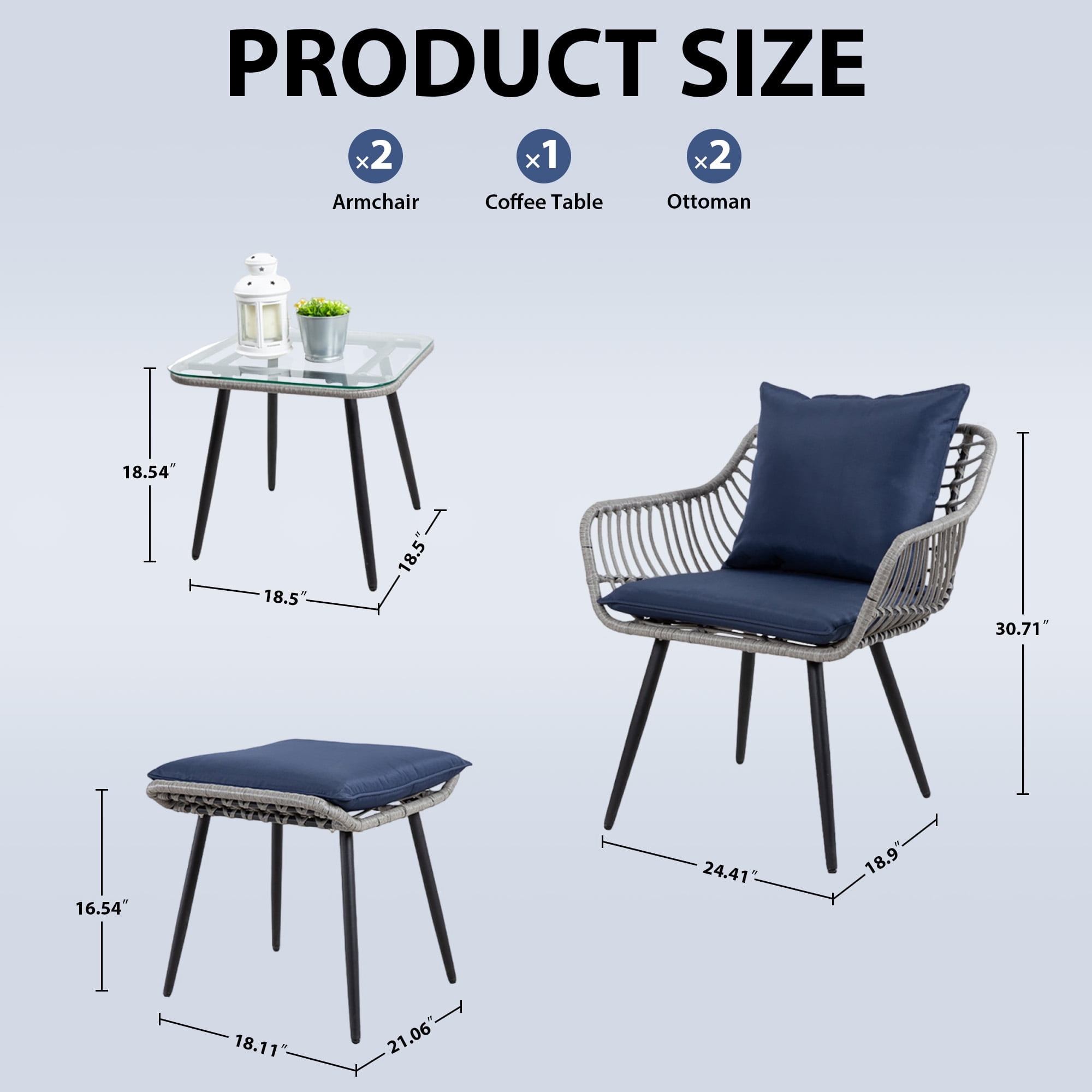 Ainfox 5 Pieces Patio Bistro Furniture Set on Sale,Outdoor Wicker Rattan Chat Conversation Set,Square Coffee Table,Grey/Blue